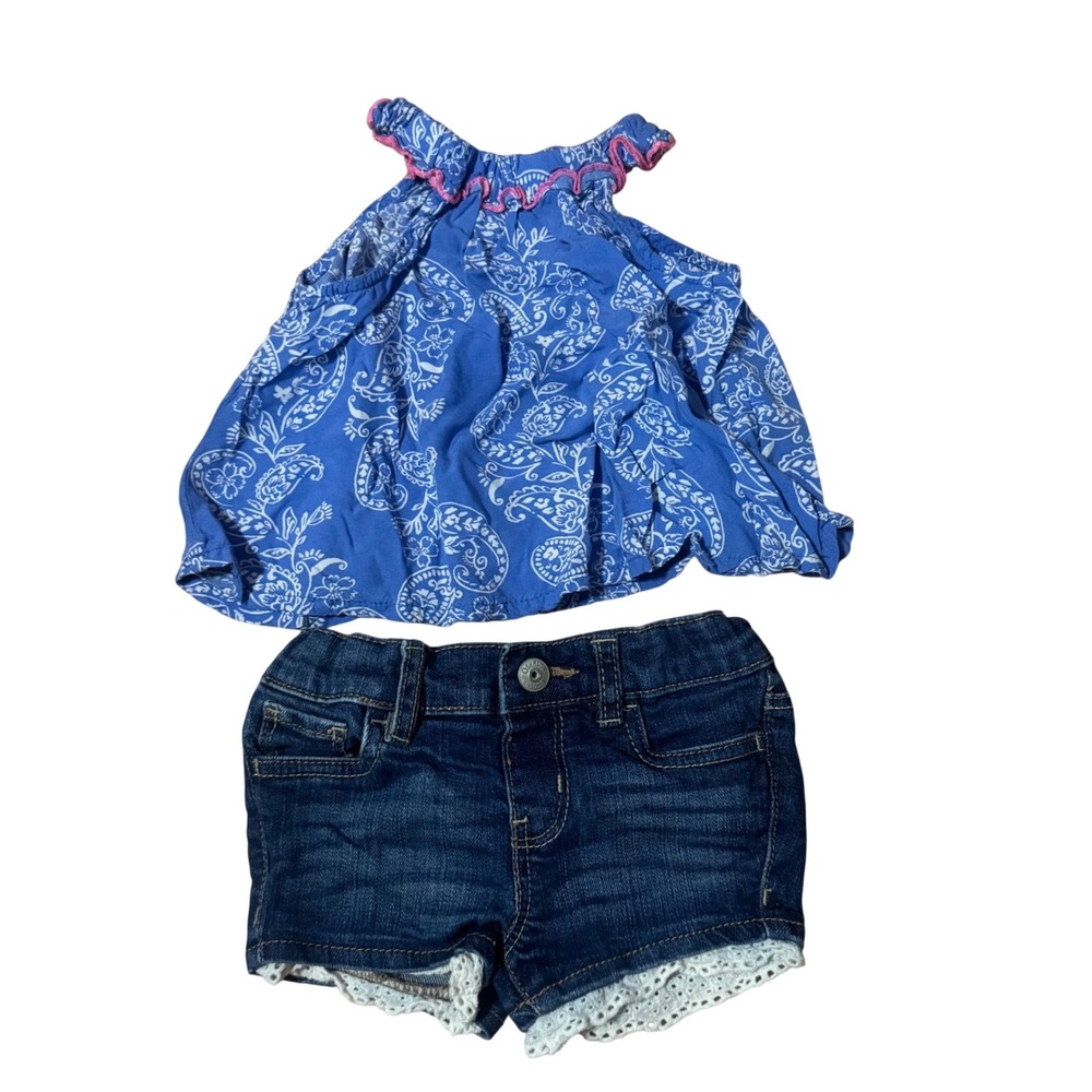 OshKosh B'gosh Kids 2-Piece Paisley Top and Eyelet Denim Shorts Set Blue 12M